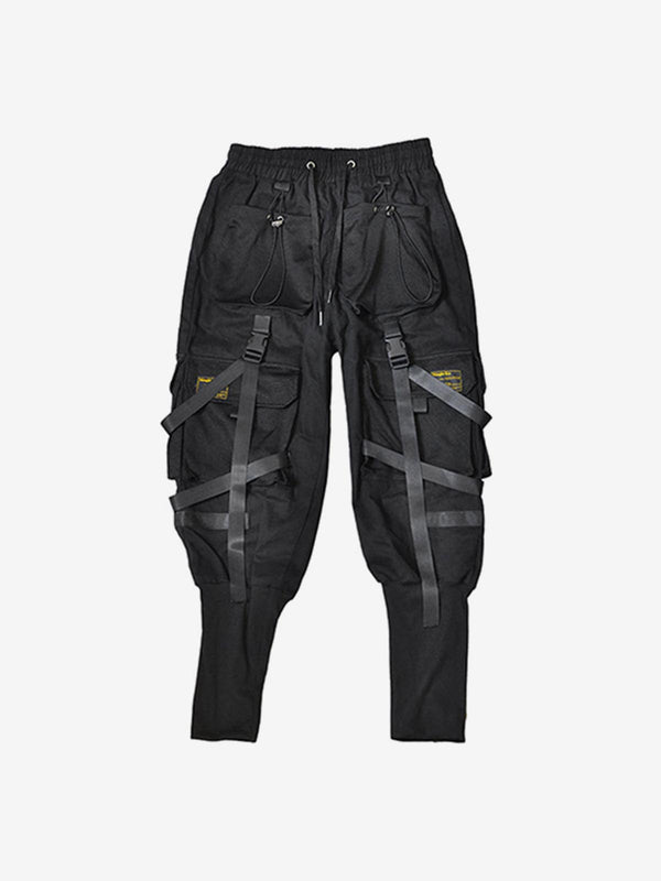 Function Buttons Ribbons Pockets Cargo Pants - laixton