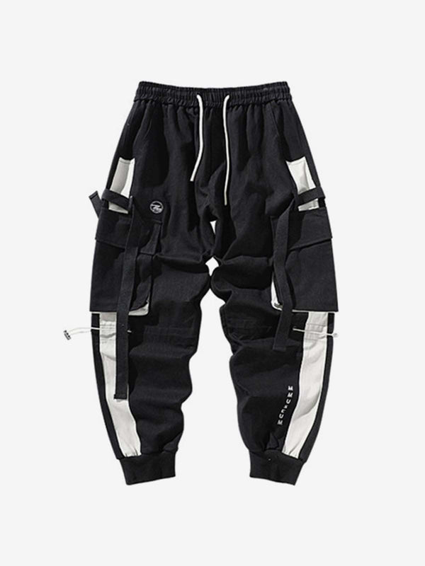 Black And White Patchwork Drawstring Cargo Pants - laixton