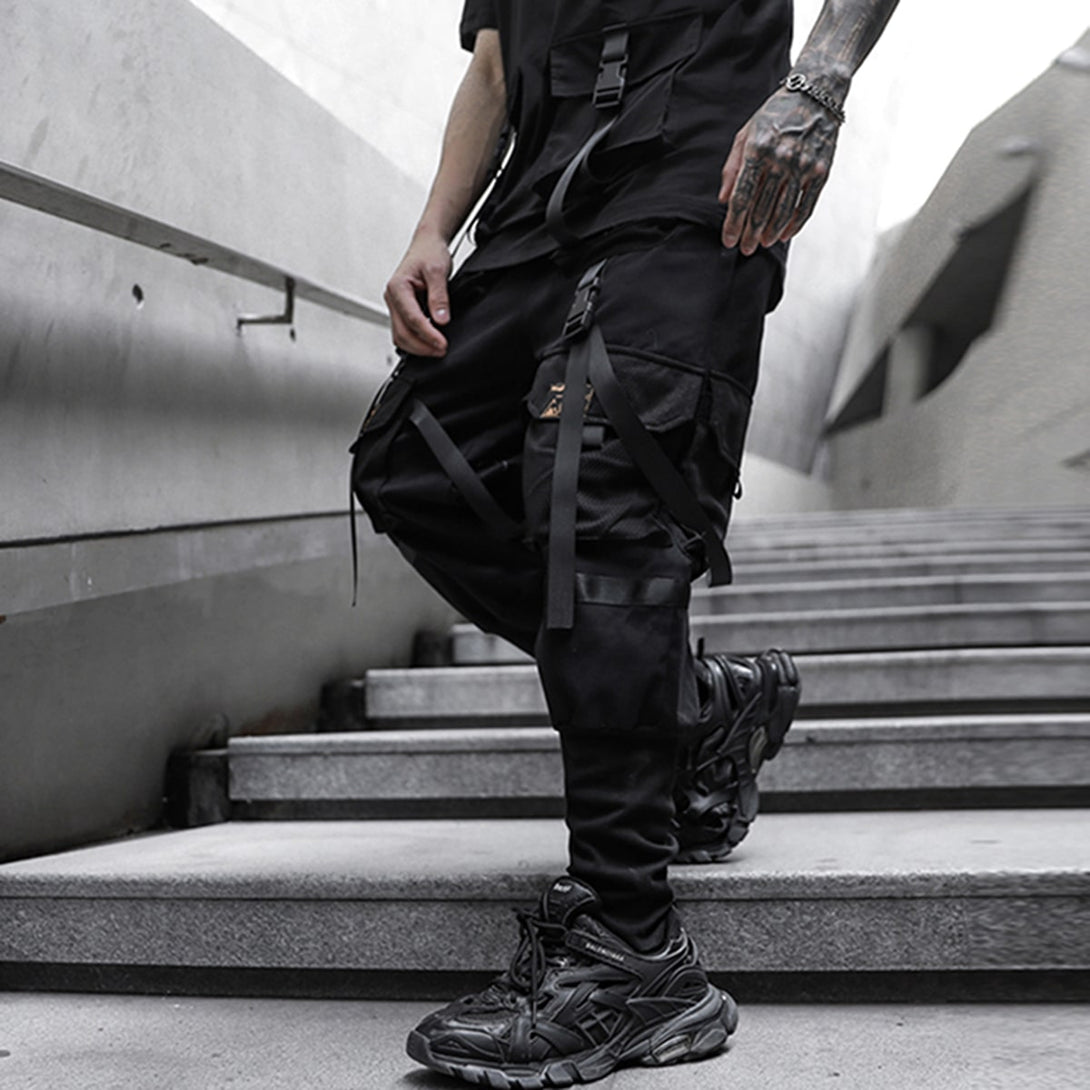 Function Buttons Ribbons Pockets Cargo Pants - laixton