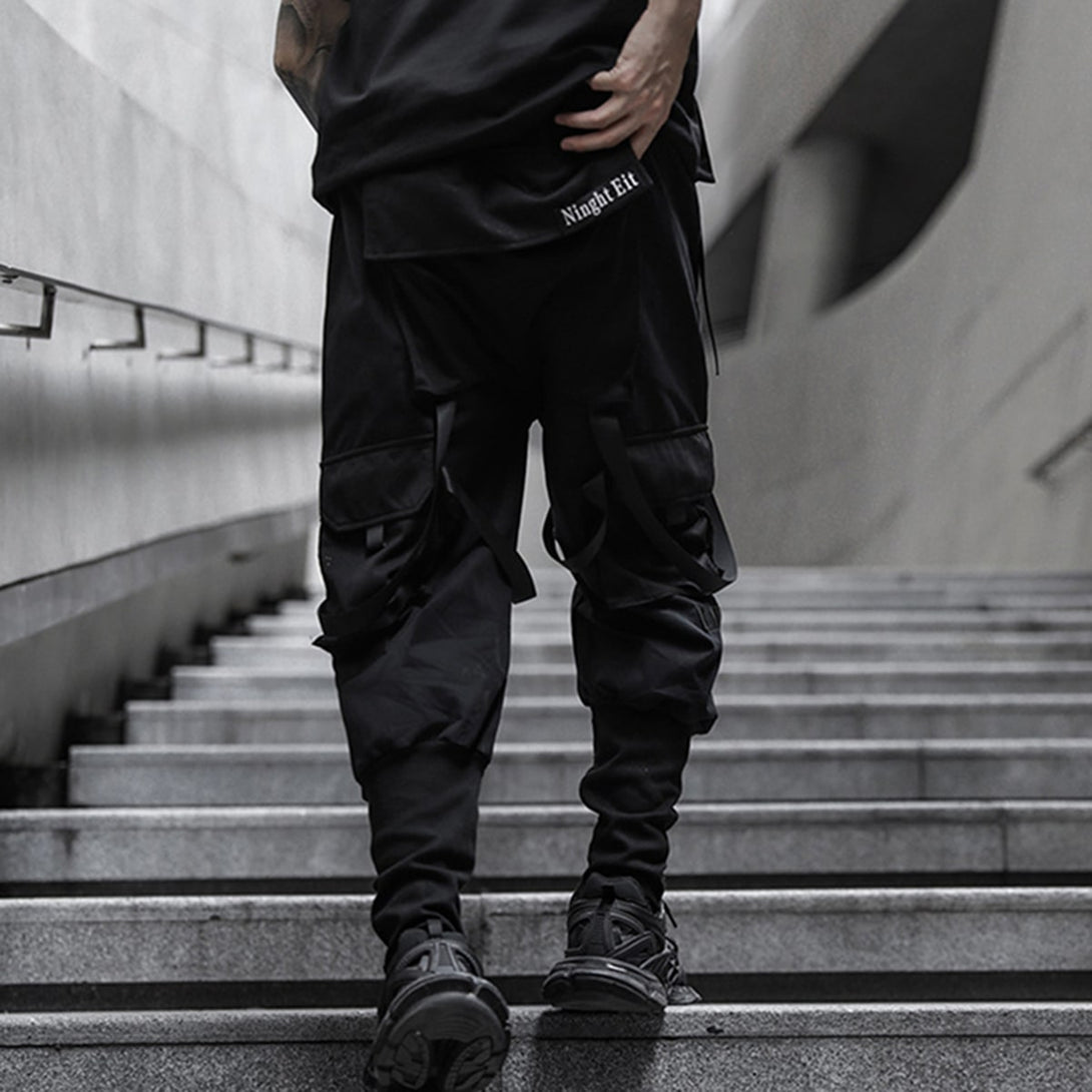 Function Buttons Ribbons Pockets Cargo Pants - laixton