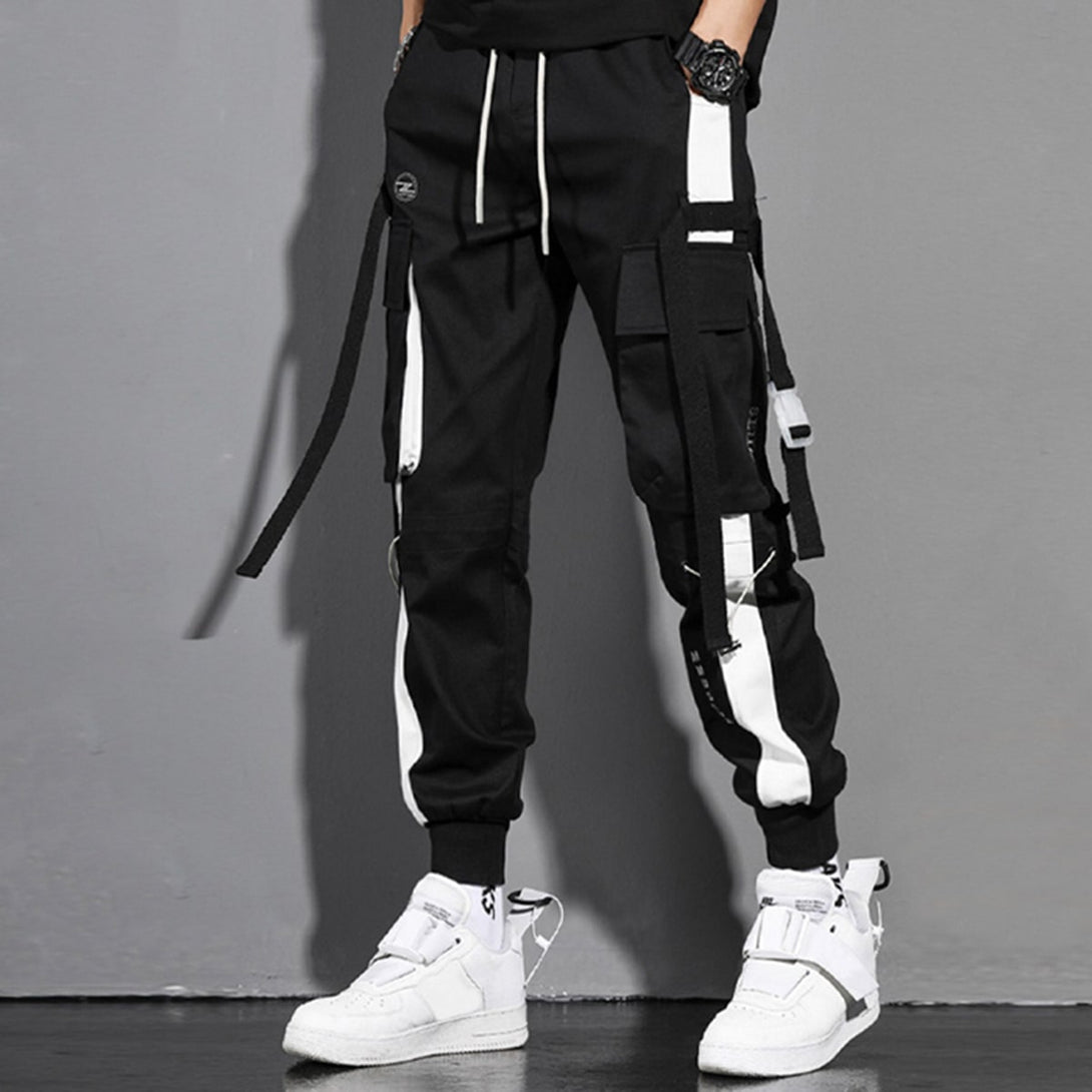 Black And White Patchwork Drawstring Cargo Pants - laixton