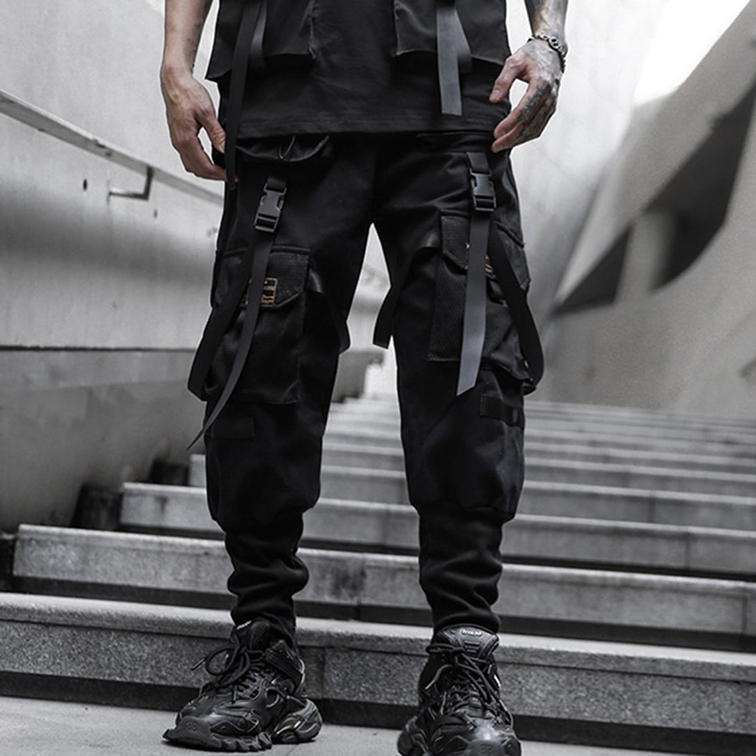 Function Buttons Ribbons Pockets Cargo Pants - laixton