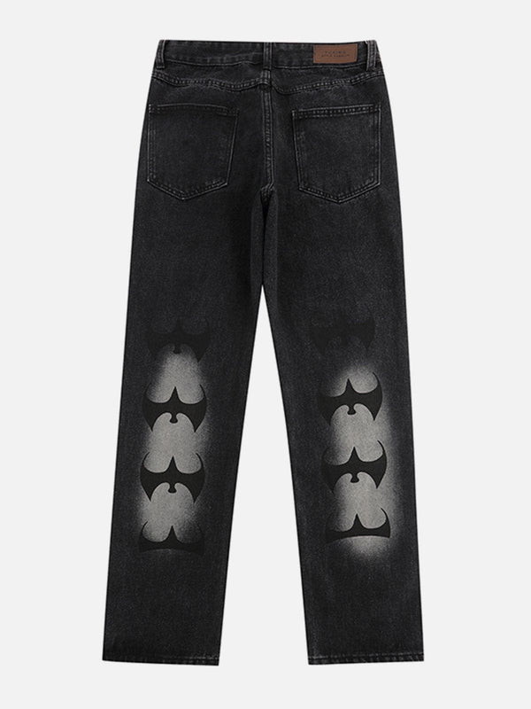 Laixton Vintage Wash Distressed Bat Embroidered Jeans